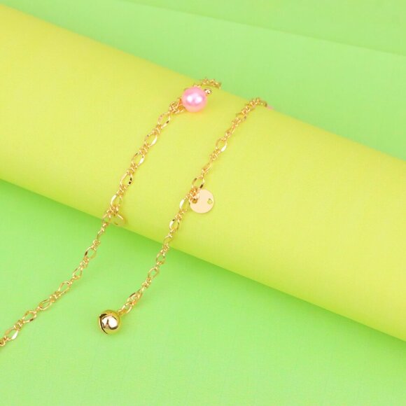 "Rose Gold Anklet with Pink Beads & Flower Charm, XPAL1168 - Picture 5 of 12